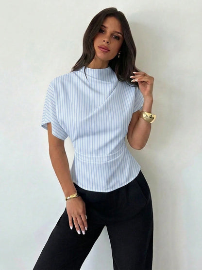 Firerie Wrinkled Collar Asymmetrical Sleeve Side Ruched Cinched Waist Commuter Apricot Bamboo Fiber Linen Blouse For Women, All Season