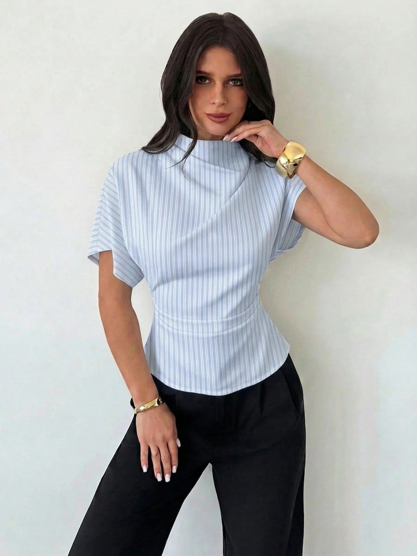 Firerie Wrinkled Collar Asymmetrical Sleeve Side Ruched Cinched Waist Commuter Apricot Bamboo Fiber Linen Blouse For Women, All Season