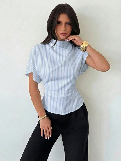 Firerie Wrinkled Collar Asymmetrical Sleeve Side Ruched Cinched Waist Commuter Apricot Bamboo Fiber Linen Blouse For Women, All Season