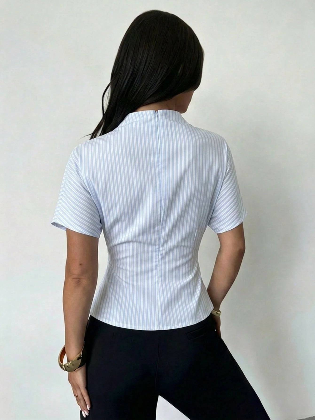 Firerie Wrinkled Collar Asymmetrical Sleeve Side Ruched Cinched Waist Commuter Apricot Bamboo Fiber Linen Blouse For Women, All Season