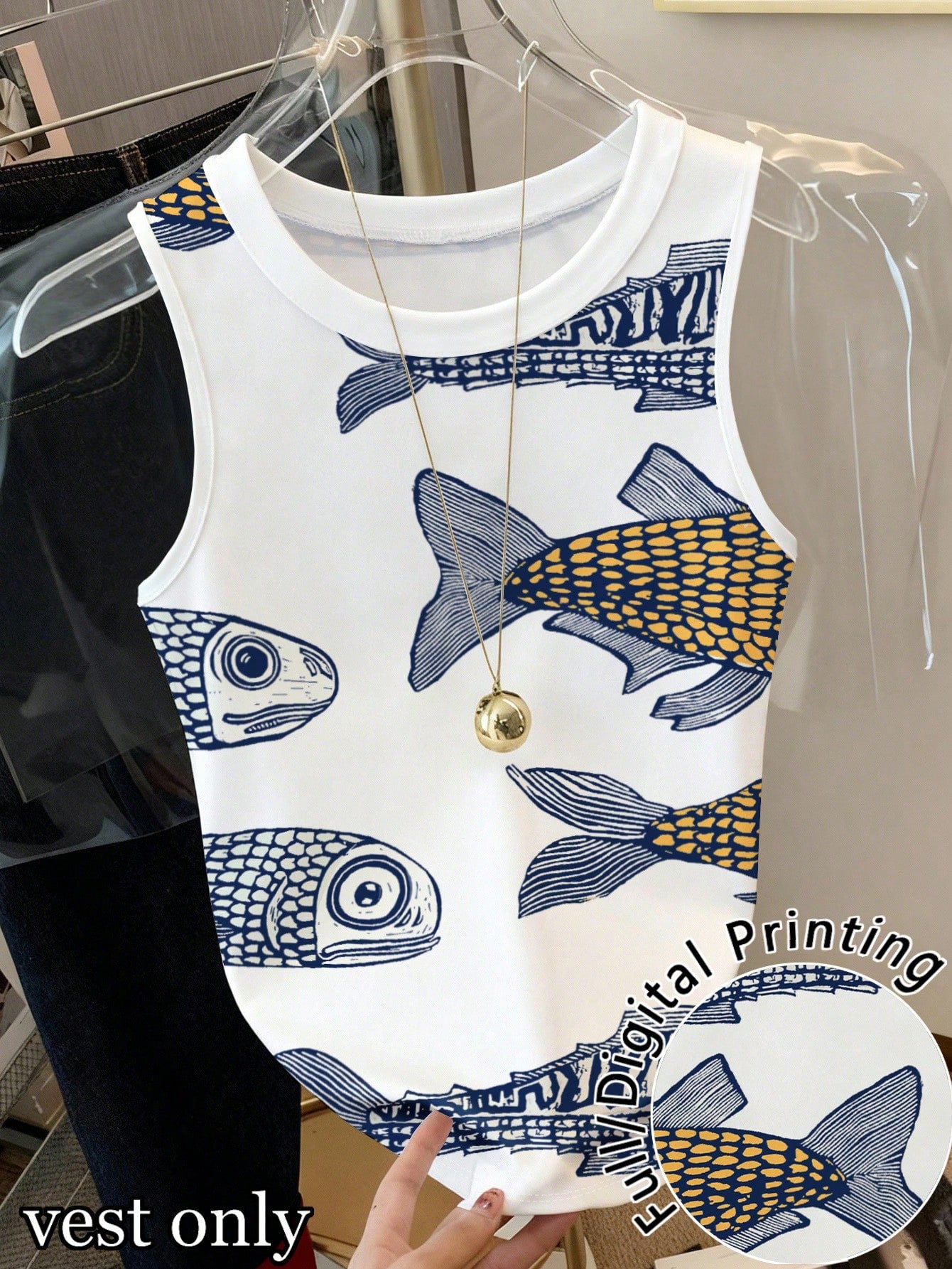 Fish Graphic Sleeveless Casual Tank Top, Versatile For Summer