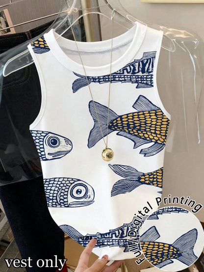 Fish Graphic Sleeveless Casual Tank Top, Versatile For Summer