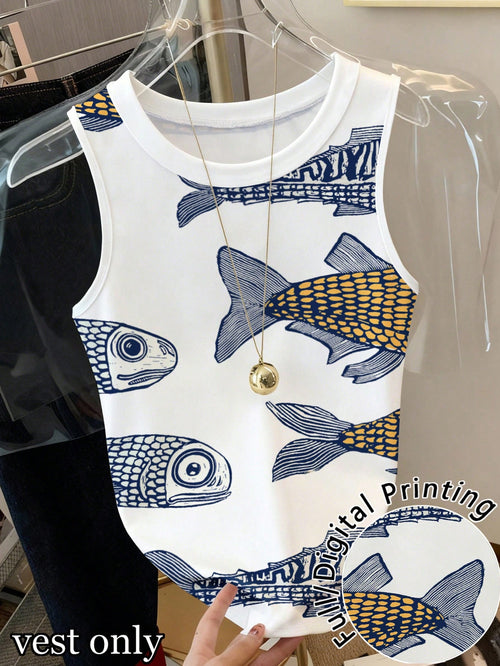 Fish Graphic Sleeveless Casual Tank Top, Versatile For Summer