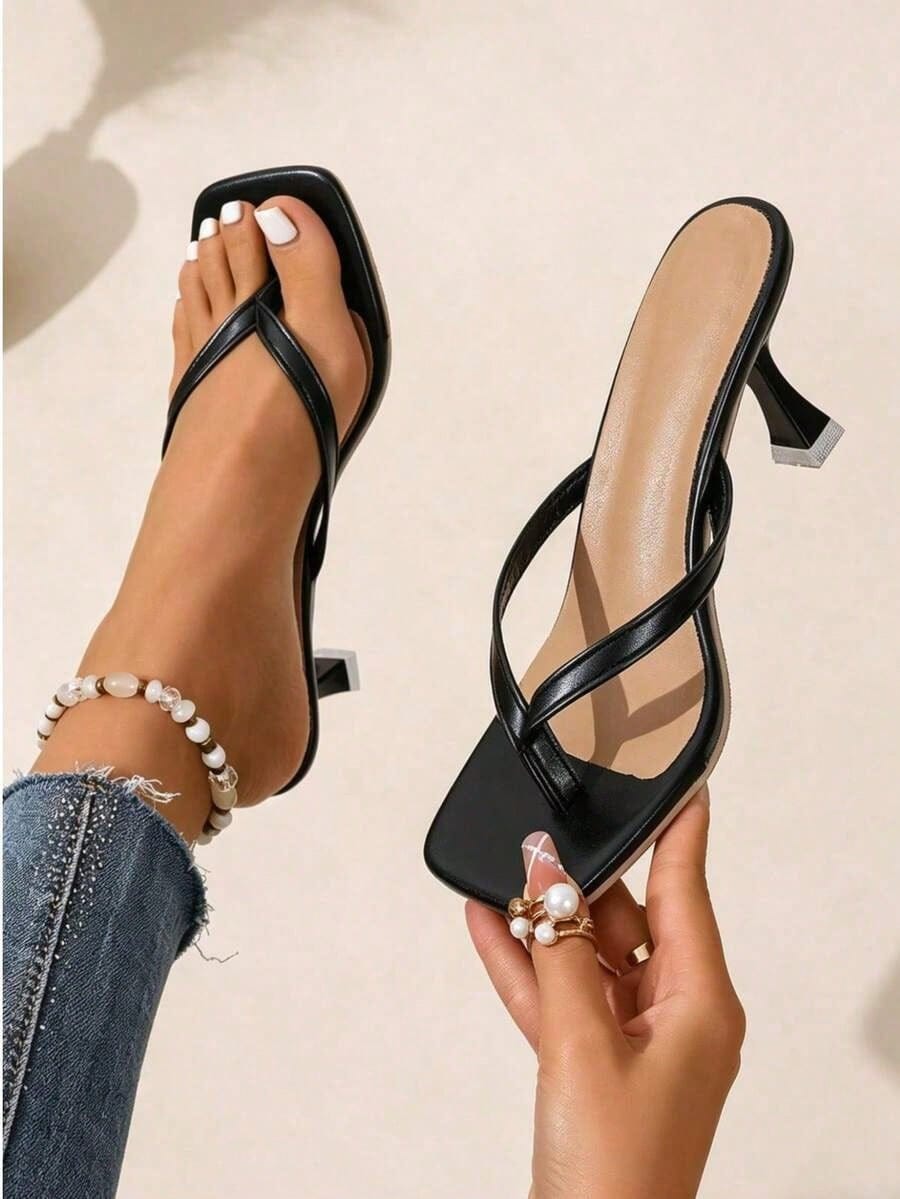 Flip Flops Heels Sandals For Women Stiletto Heel Casual Satin Fashion Square Open Toe Backless Summer High Heel Dressy Thong Slide Beach Daily Shoes