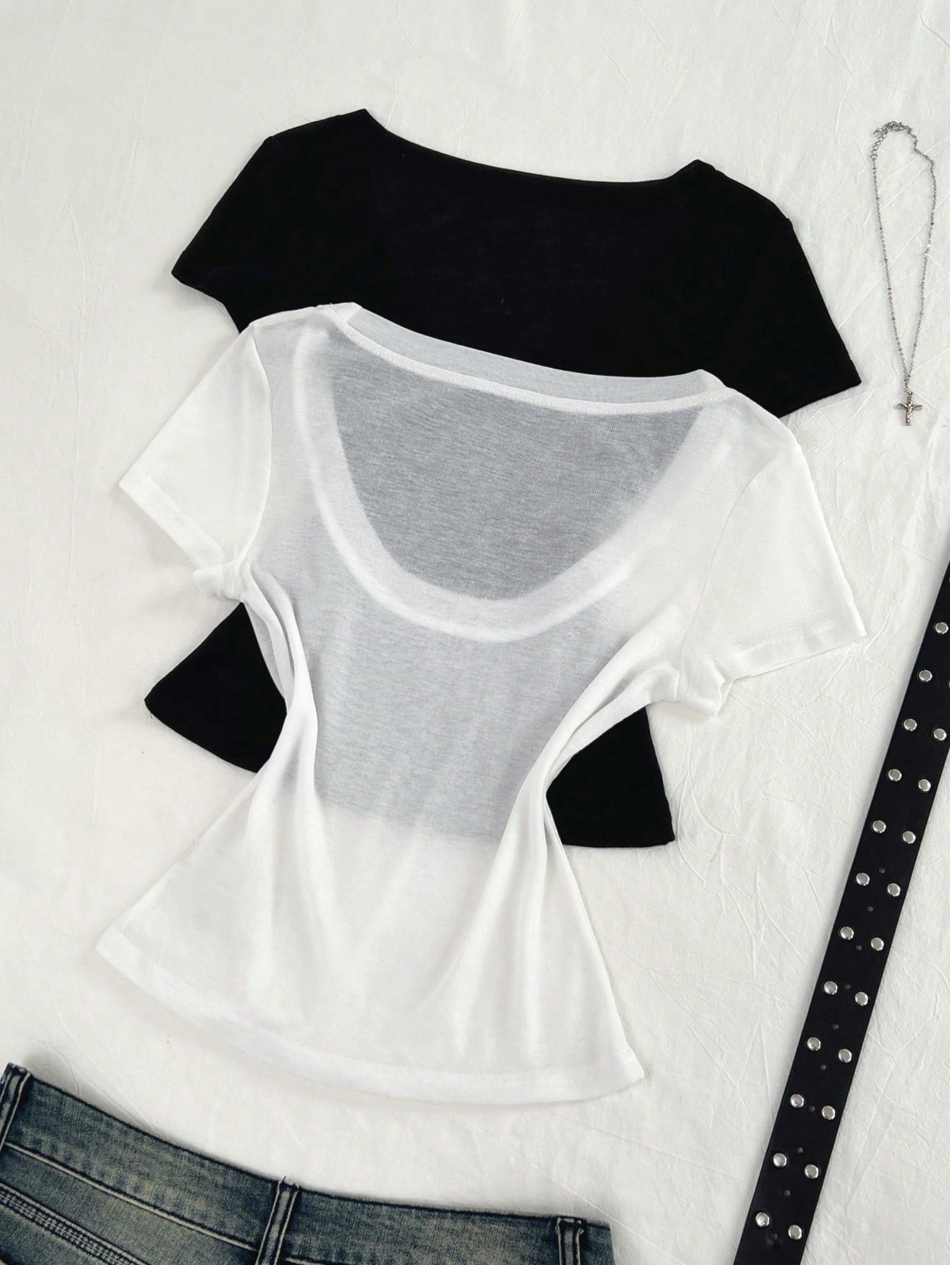Flirla 2pcs/Set Summer Sheer Chiffon Transparent Comfortable V-Neck Short Sleeve T-Shirt Everyday White Black Casual