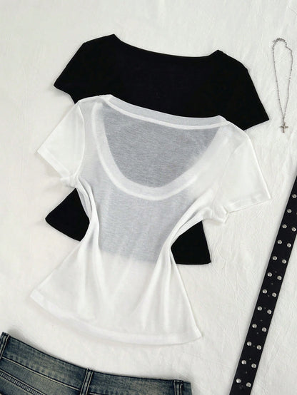 Flirla 2pcs/Set Summer Sheer Chiffon Transparent Comfortable V-Neck Short Sleeve T-Shirt Everyday White Black Casual