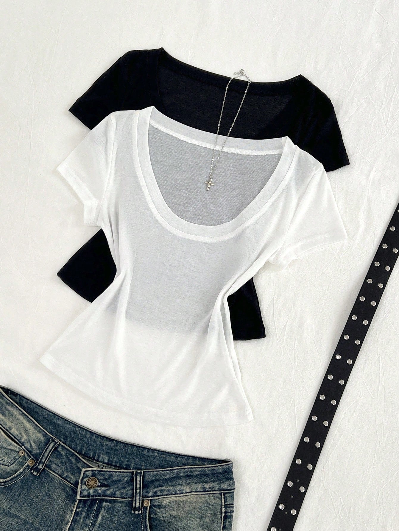 Flirla 2pcs/Set Summer Sheer Chiffon Transparent Comfortable V-Neck Short Sleeve T-Shirt Everyday White Black Casual