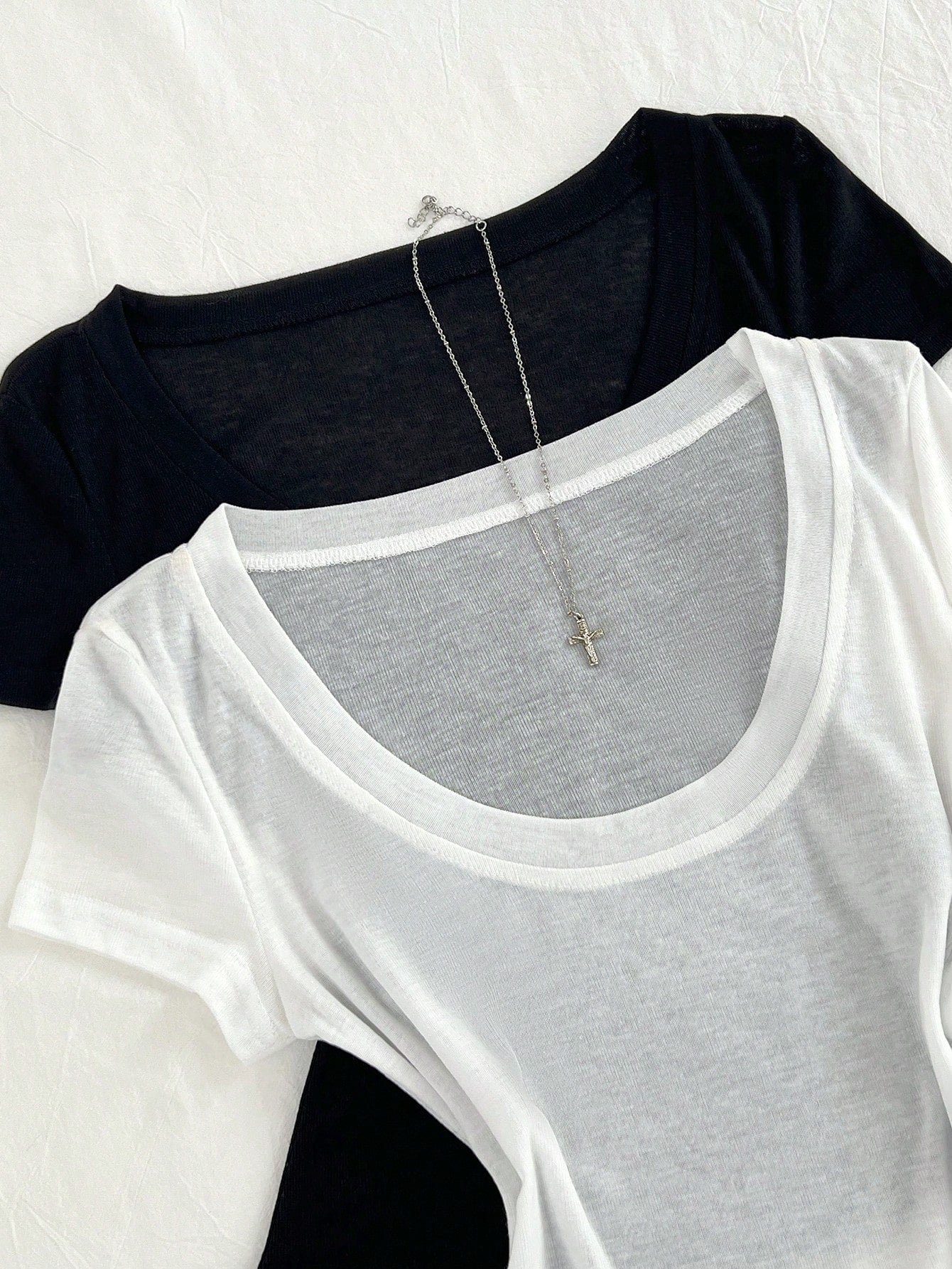 Flirla 2pcs/Set Summer Sheer Chiffon Transparent Comfortable V-Neck Short Sleeve T-Shirt Everyday White Black Casual