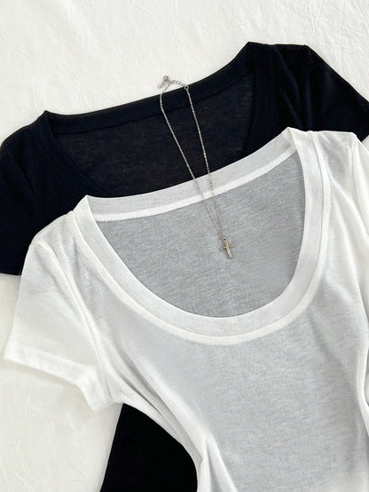 Flirla 2pcs/Set Summer Sheer Chiffon Transparent Comfortable V-Neck Short Sleeve T-Shirt Everyday White Black Casual