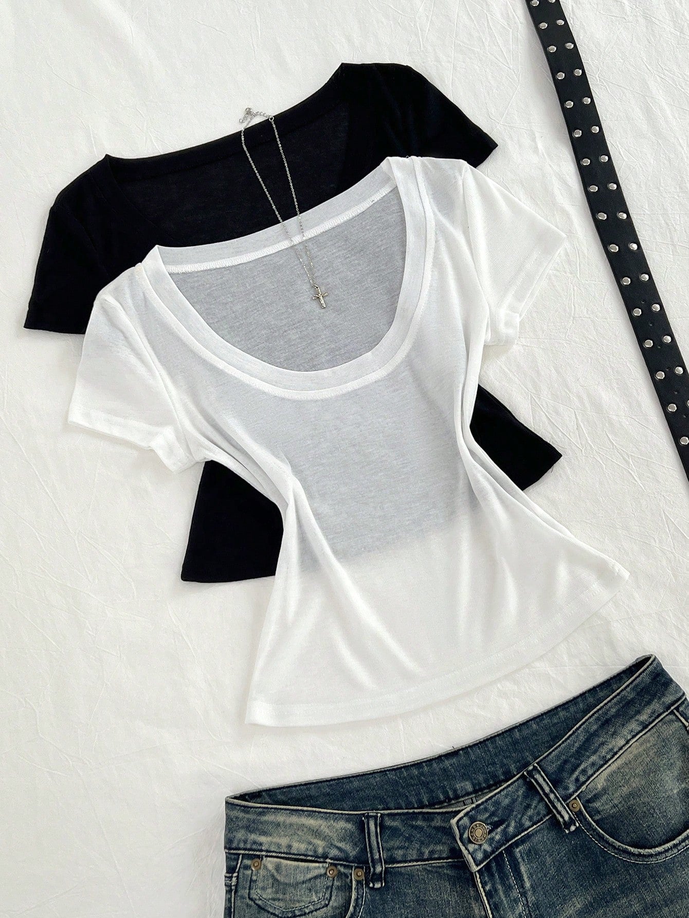 Flirla 2pcs/Set Summer Sheer Chiffon Transparent Comfortable V-Neck Short Sleeve T-Shirt Everyday White Black Casual
