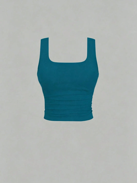 Flirla Blue Padded Square Neck Casual Fitted Tank Top, Summer