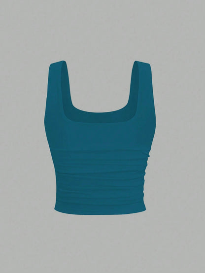 Flirla Blue Padded Square Neck Casual Fitted Tank Top, Summer