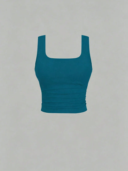 Flirla Blue Padded Square Neck Casual Fitted Tank Top, Summer