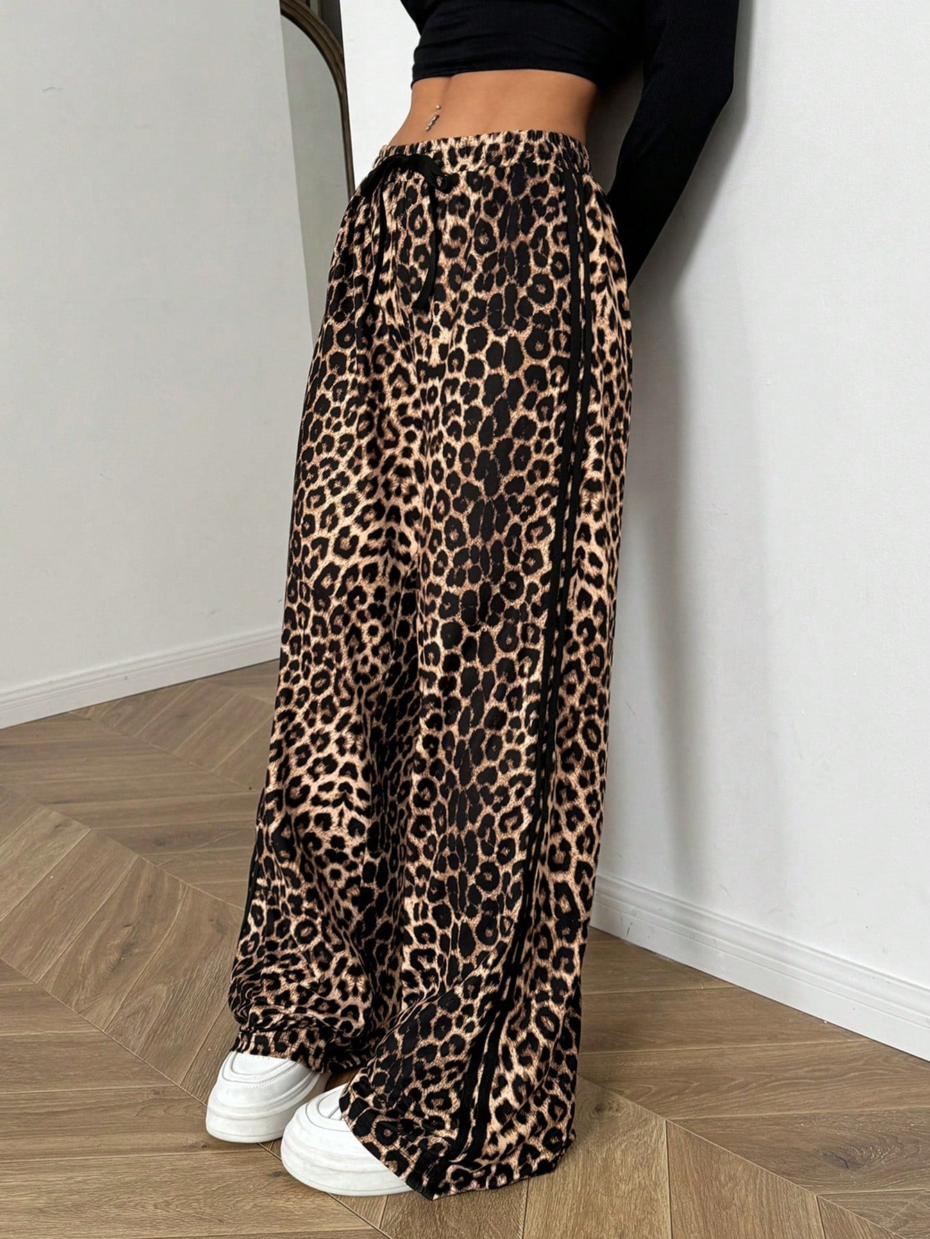 Flirla Casual Leopard Print Y2K Women Drawstring Waist Wide Leg Loose Pants Fall Cloth For Women