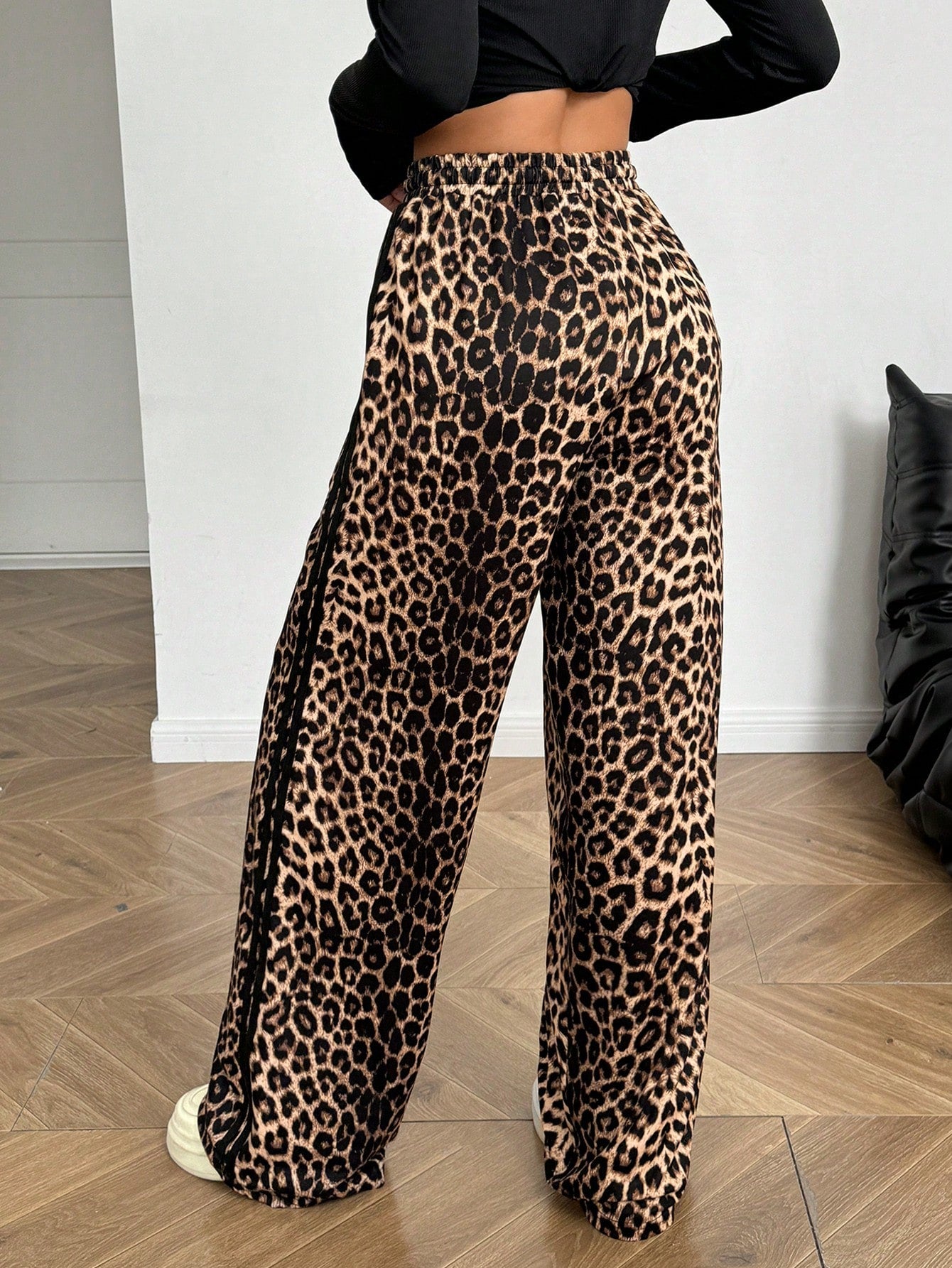 Flirla Casual Leopard Print Y2K Women Drawstring Waist Wide Leg Loose Pants Fall Cloth For Women