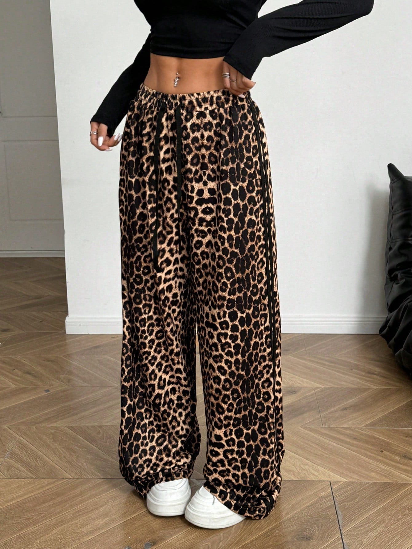 Flirla Casual Leopard Print Y2K Women Drawstring Waist Wide Leg Loose Pants Fall Cloth For Women