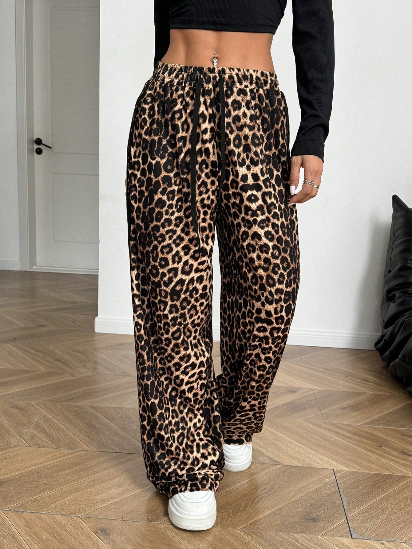 Flirla Casual Leopard Print Y2K Women Drawstring Waist Wide Leg Loose Pants Fall Cloth For Women