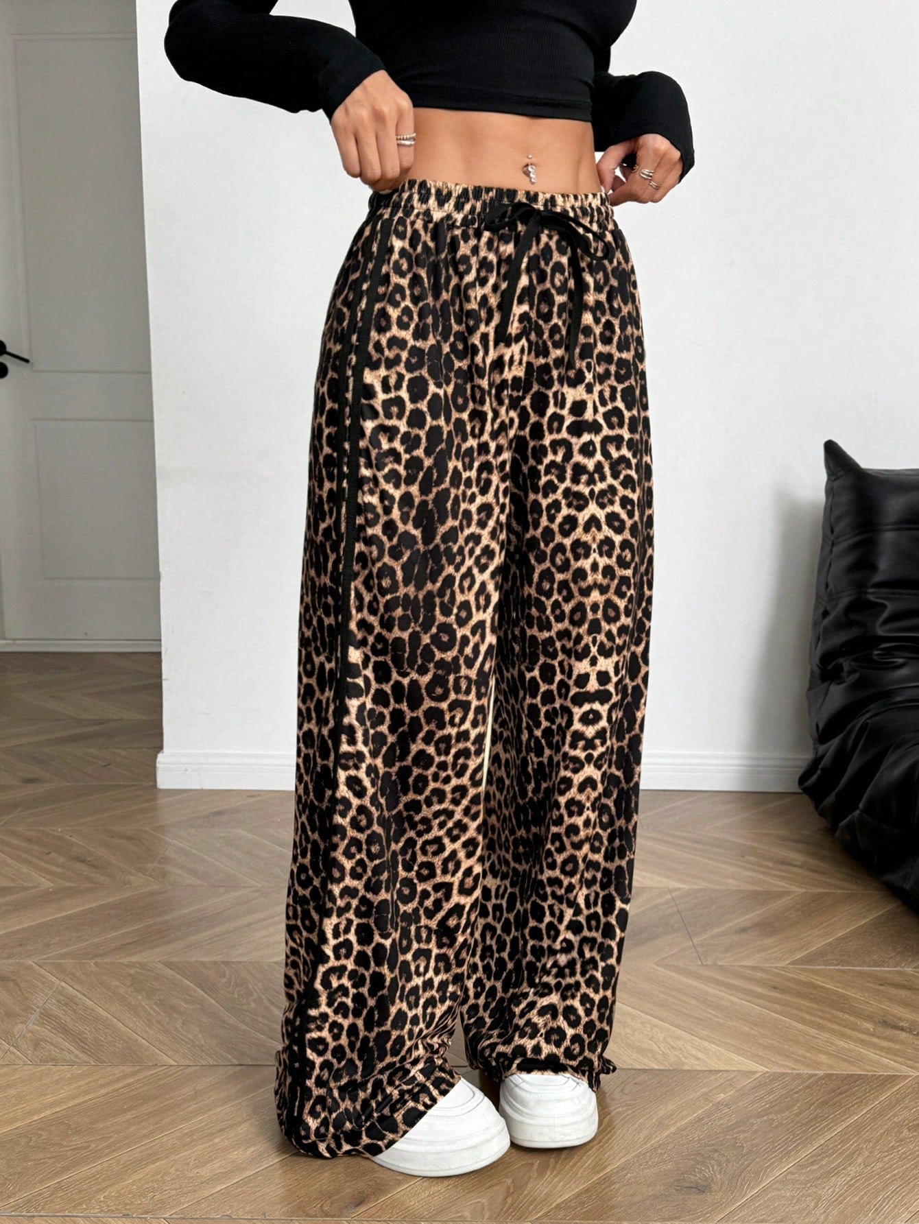 Flirla Casual Leopard Print Y2K Women Drawstring Waist Wide Leg Loose Pants Fall Cloth For Women