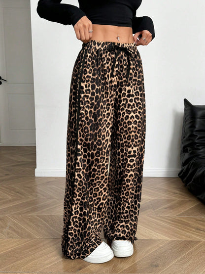 Flirla Casual Leopard Print Y2K Women Drawstring Waist Wide Leg Loose Pants Fall Cloth For Women