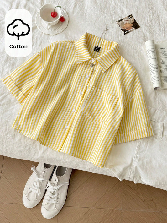 Flirla Casual Women's Multicolor Geometric Striped Crop Shirt With Pocket Short Drop Shoulder Sleeves Woven Fabric Blouse