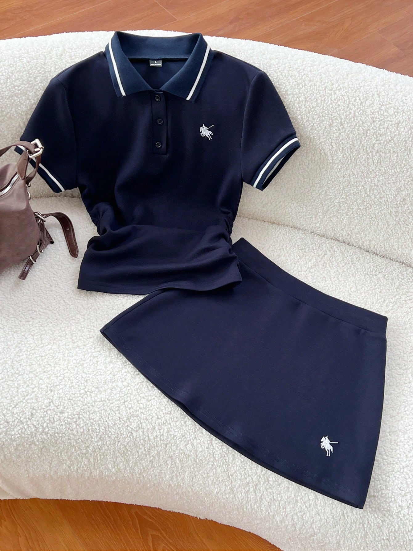 Flirla Spring & Summer Casual Collared Ruched T-Shirt And Embroidered A-Line Skirt 2-Piece Set, Navy Blue Polo Tracksuit Preppy Clothes In Women