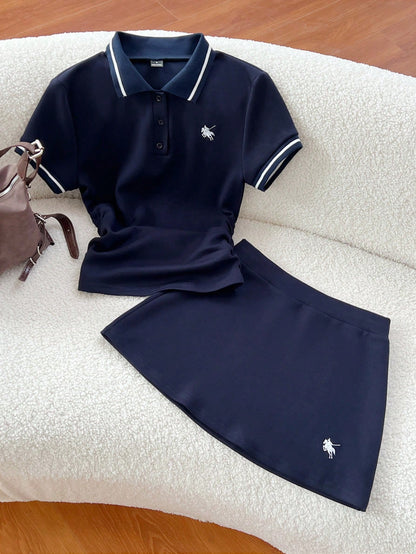 Flirla Spring & Summer Casual Collared Ruched T-Shirt And Embroidered A-Line Skirt 2-Piece Set, Navy Blue Polo Tracksuit Preppy Clothes In Women