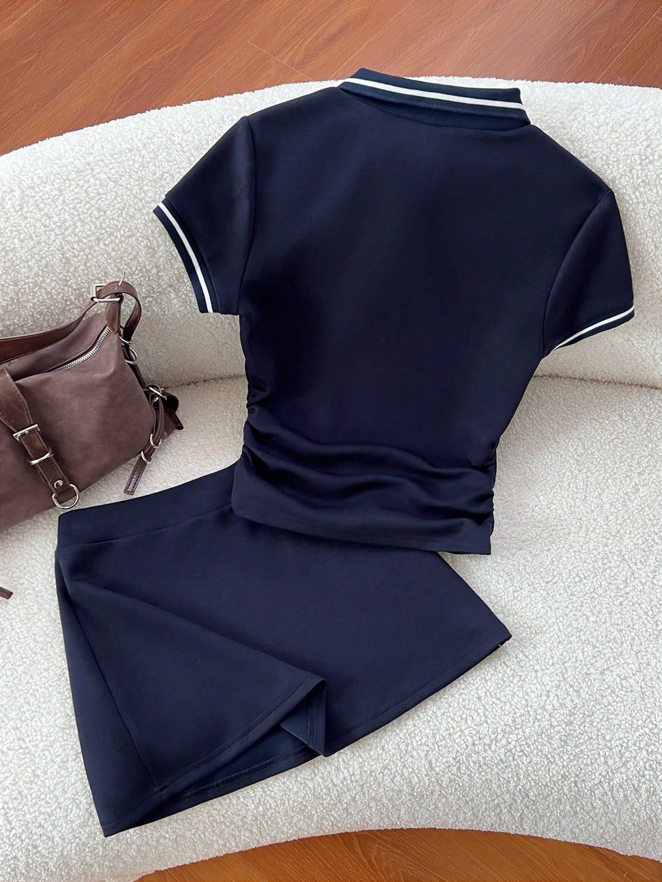 Flirla Spring & Summer Casual Collared Ruched T-Shirt And Embroidered A-Line Skirt 2-Piece Set, Navy Blue Polo Tracksuit Preppy Clothes In Women