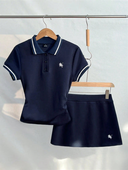Flirla Spring & Summer Casual Collared Ruched T-Shirt And Embroidered A-Line Skirt 2-Piece Set, Navy Blue Polo Tracksuit Preppy Clothes In Women