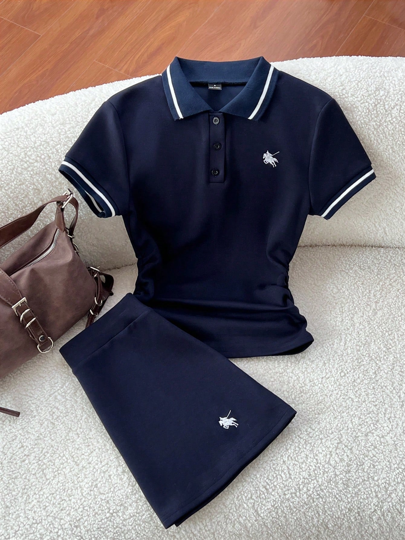 Flirla Spring & Summer Casual Collared Ruched T-Shirt And Embroidered A-Line Skirt 2-Piece Set, Navy Blue Polo Tracksuit Preppy Clothes In Women