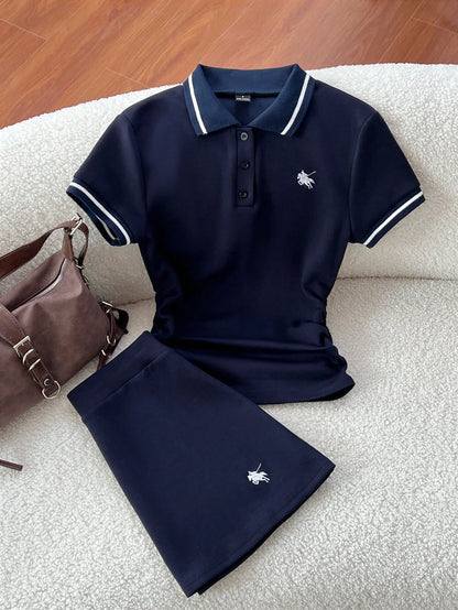 Flirla Spring & Summer Casual Collared Ruched T-Shirt And Embroidered A-Line Skirt 2-Piece Set, Navy Blue Polo Tracksuit Preppy Clothes In Women