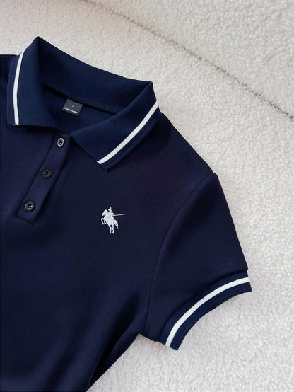 Flirla Spring & Summer Casual Collared Ruched T-Shirt And Embroidered A-Line Skirt 2-Piece Set, Navy Blue Polo Tracksuit Preppy Clothes In Women