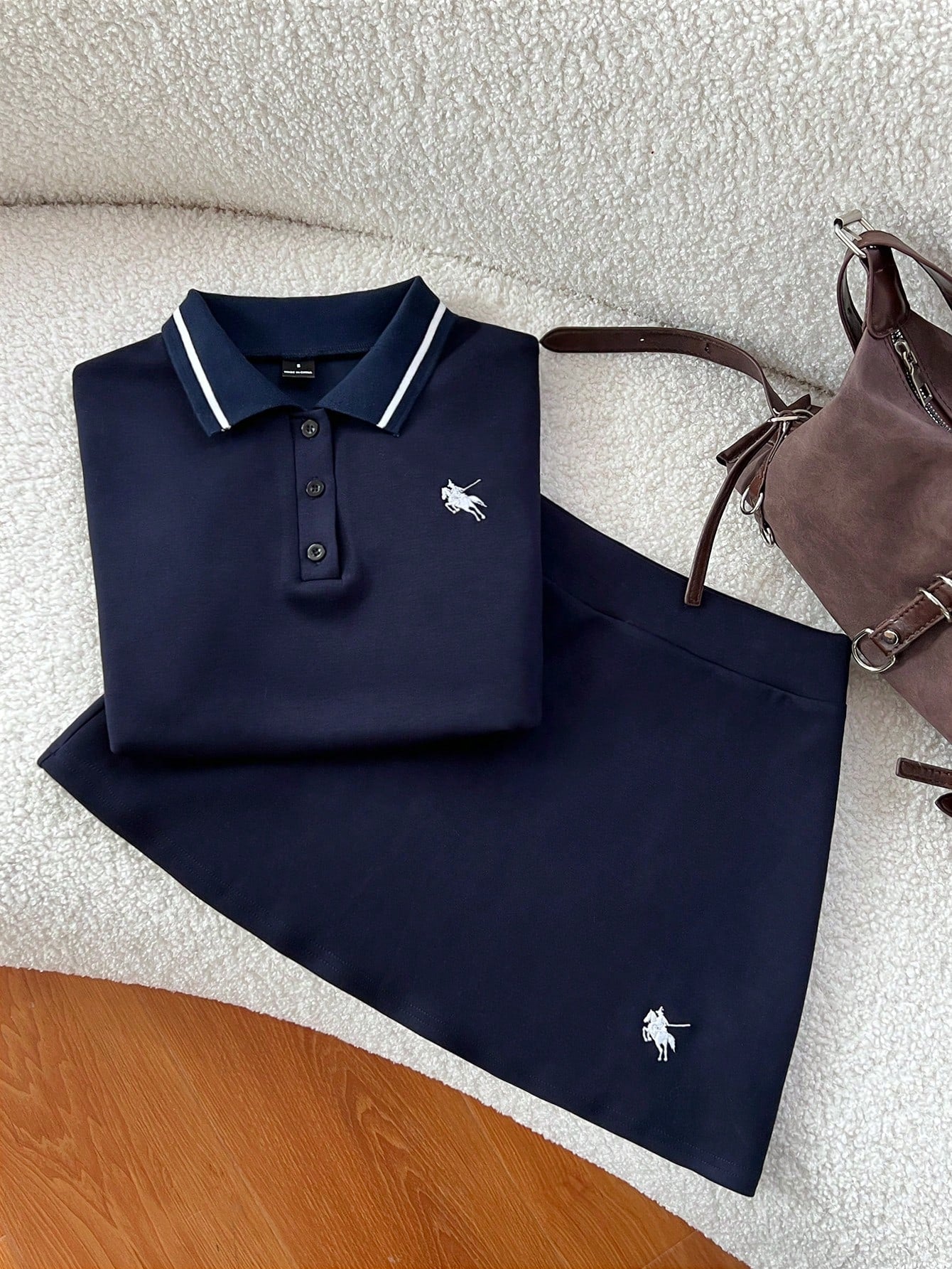 Flirla Spring & Summer Casual Collared Ruched T-Shirt And Embroidered A-Line Skirt 2-Piece Set, Navy Blue Polo Tracksuit Preppy Clothes In Women