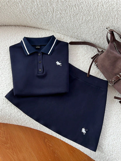 Flirla Spring & Summer Casual Collared Ruched T-Shirt And Embroidered A-Line Skirt 2-Piece Set, Navy Blue Polo Tracksuit Preppy Clothes In Women