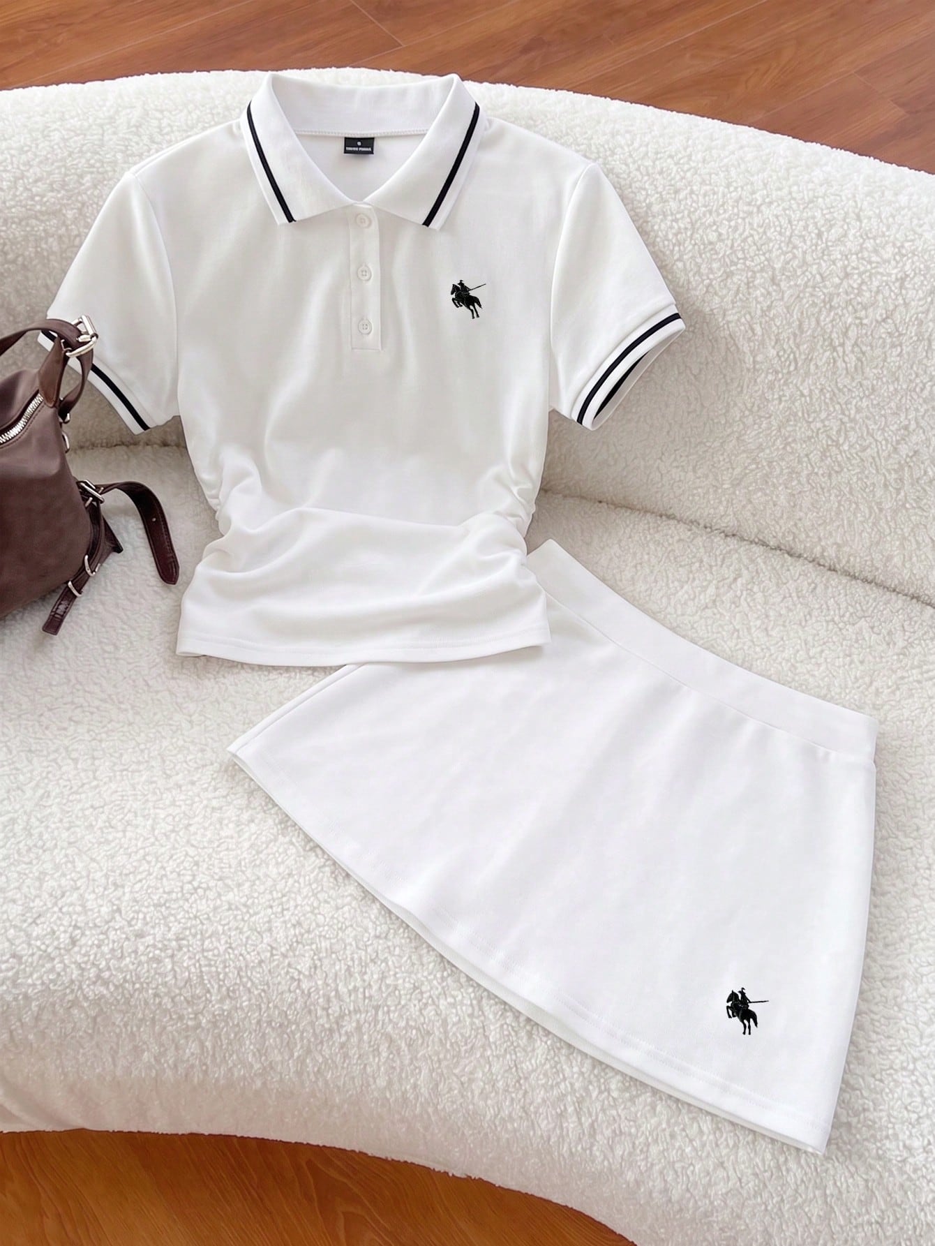 Flirla Spring & Summer Casual Collared Ruched T-Shirt And Embroidered A-Line Skirt 2-Piece Set, Navy Blue Polo Tracksuit Preppy Clothes In Women