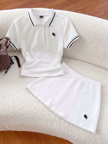 Flirla Spring & Summer Casual Collared Ruched T-Shirt And Embroidered A-Line Skirt 2-Piece Set, Navy Blue Polo Tracksuit Preppy Clothes In Women