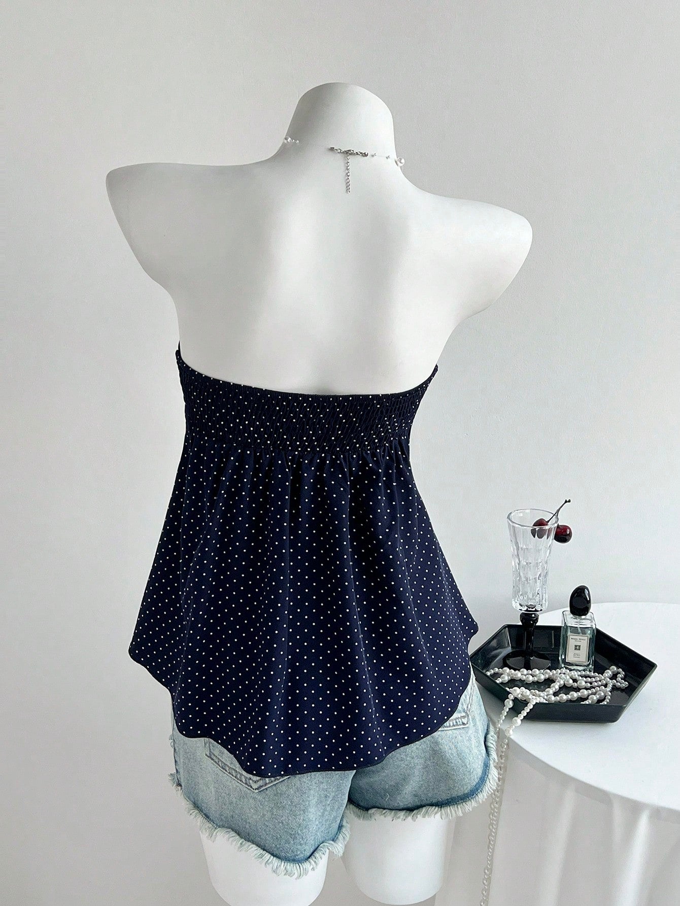 Flirla Women's Black And White Polka Dot Cinched Waist A-Line Camisole Strapless Top,Cute Summer Holiday Bathing Suits Bow Tops For Women