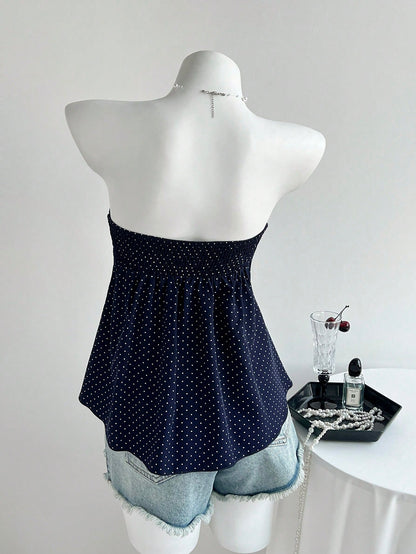 Flirla Women's Black And White Polka Dot Cinched Waist A-Line Camisole Strapless Top,Cute Summer Holiday Bathing Suits Bow Tops For Women