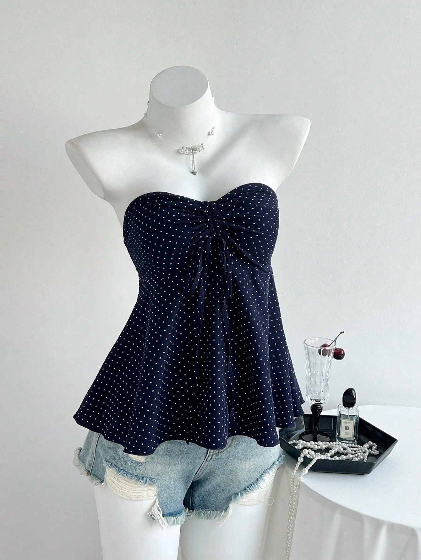 Flirla Women's Black And White Polka Dot Cinched Waist A-Line Camisole Strapless Top,Cute Summer Holiday Bathing Suits Bow Tops For Women