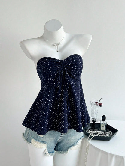 Flirla Women's Black And White Polka Dot Cinched Waist A-Line Camisole Strapless Top,Cute Summer Holiday Bathing Suits Bow Tops For Women