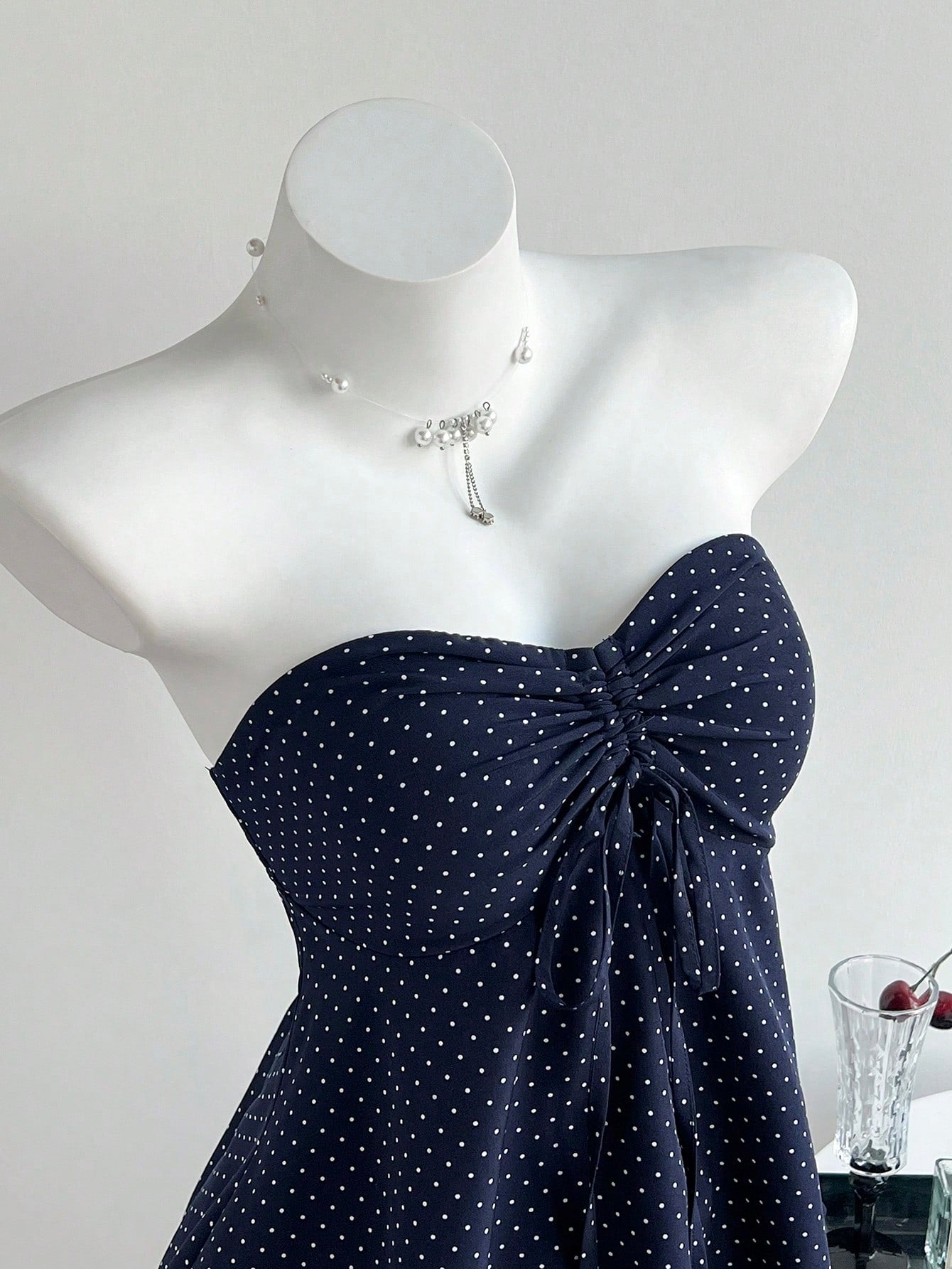 Flirla Women's Black And White Polka Dot Cinched Waist A-Line Camisole Strapless Top,Cute Summer Holiday Bathing Suits Bow Tops For Women