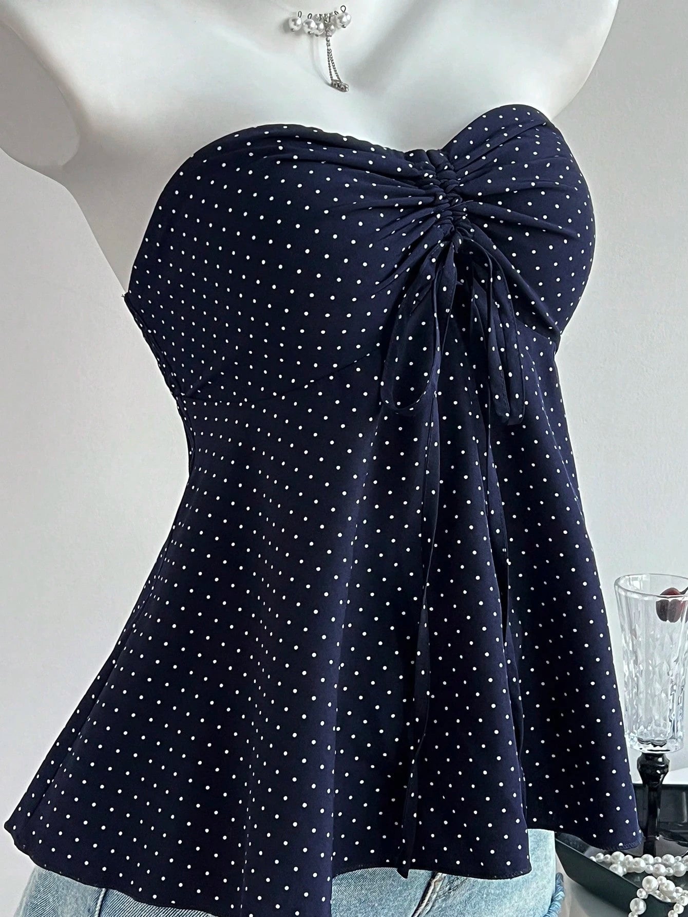 Flirla Women's Black And White Polka Dot Cinched Waist A-Line Camisole Strapless Top,Cute Summer Holiday Bathing Suits Bow Tops For Women