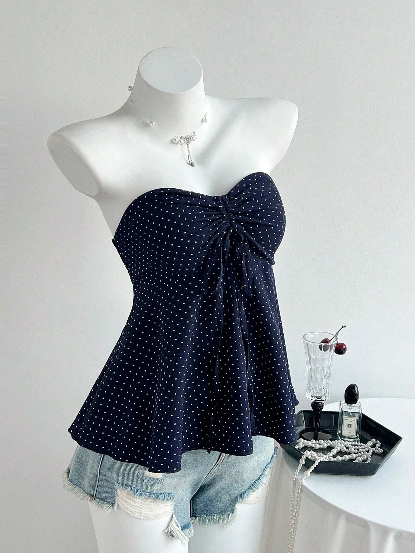 Flirla Women's Black And White Polka Dot Cinched Waist A-Line Camisole Strapless Top,Cute Summer Holiday Bathing Suits Bow Tops For Women