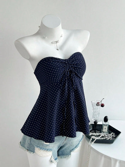 Flirla Women's Black And White Polka Dot Cinched Waist A-Line Camisole Strapless Top,Cute Summer Holiday Bathing Suits Bow Tops For Women