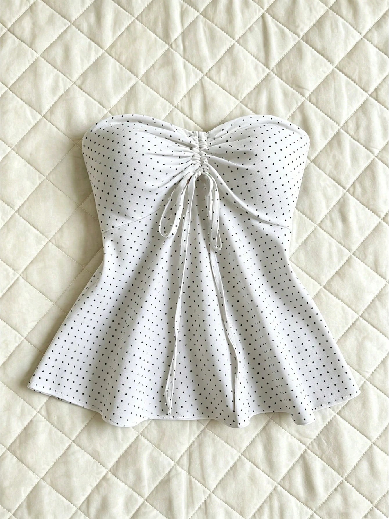 Flirla Women's Black And White Polka Dot Cinched Waist A-Line Camisole Strapless Top,Cute Summer Holiday Bathing Suits Bow Tops For Women