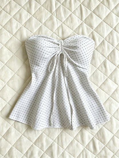 Flirla Women's Black And White Polka Dot Cinched Waist A-Line Camisole Strapless Top,Cute Summer Holiday Bathing Suits Bow Tops For Women