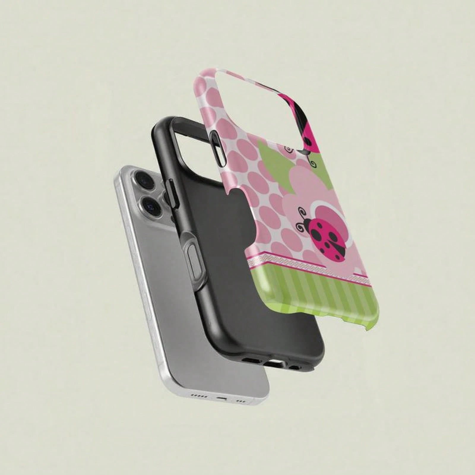 Floral Dot Ladybug Print Phone Case, Durable Two-In-One Protection, Fits 17 16 15 14 13 12 Pro, Galaxy S25 S24 S23 S22 Ultra Series