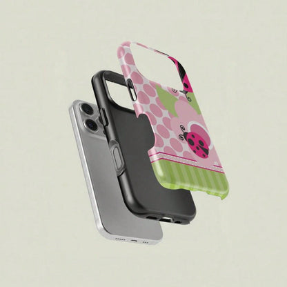 Floral Dot Ladybug Print Phone Case, Durable Two-In-One Protection, Fits 17 16 15 14 13 12 Pro, Galaxy S25 S24 S23 S22 Ultra Series