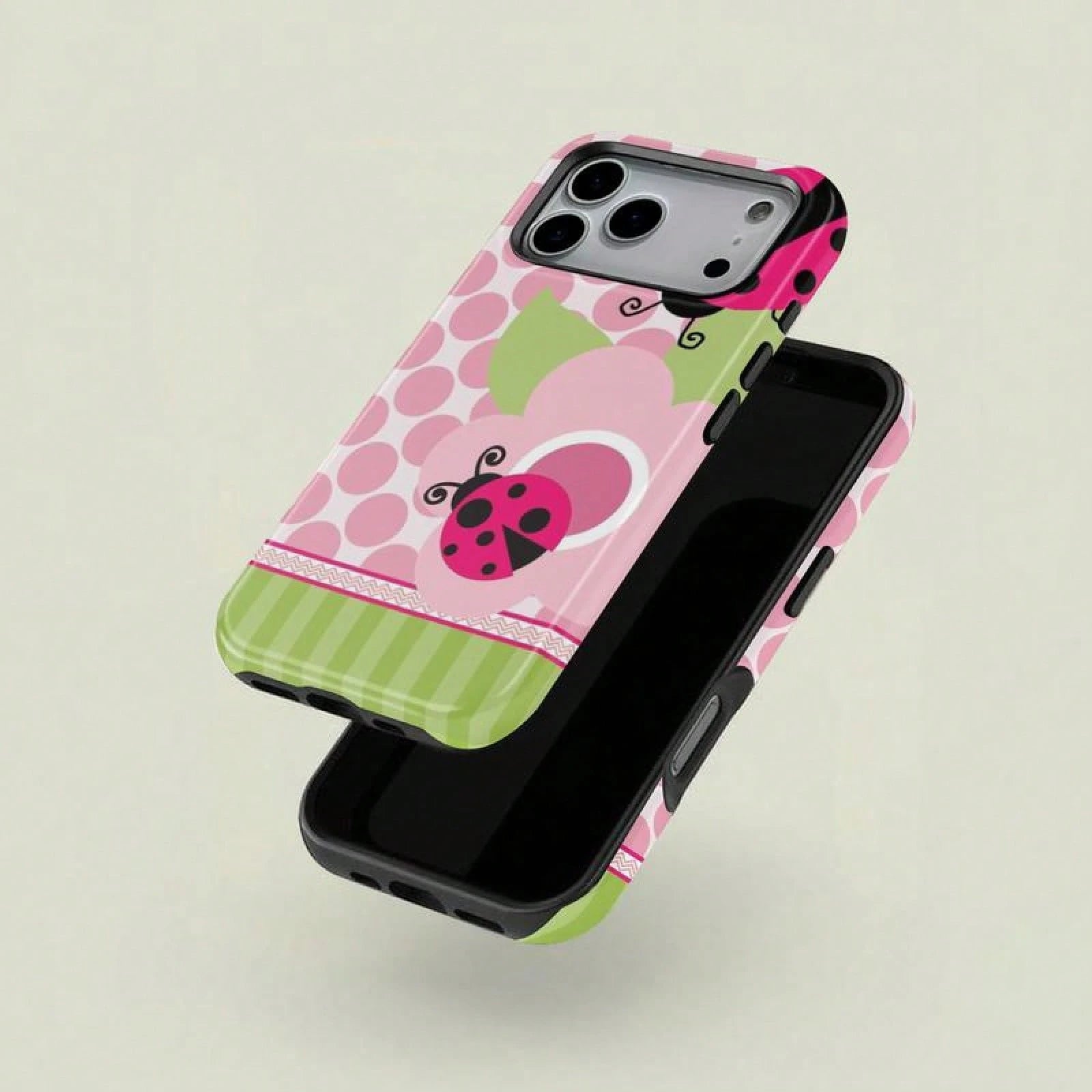 Floral Dot Ladybug Print Phone Case, Durable Two-In-One Protection, Fits 17 16 15 14 13 12 Pro, Galaxy S25 S24 S23 S22 Ultra Series