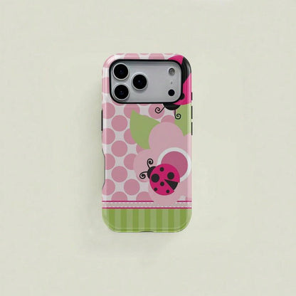 Floral Dot Ladybug Print Phone Case, Durable Two-In-One Protection, Fits 17 16 15 14 13 12 Pro, Galaxy S25 S24 S23 S22 Ultra Series