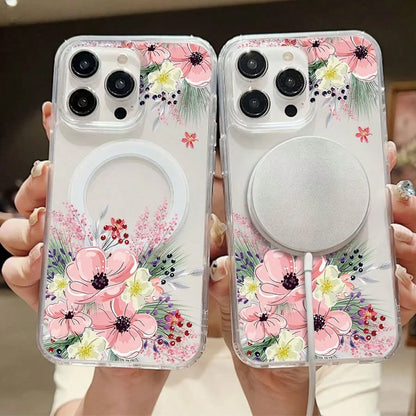 Floral Mobile Phone Case, Designed With Pink Flowers And Greenery Accents, Suitable For IPhone 16, 15, 14, 13, 12 And 11 Pro Models, Made Of TPU Material, And Provides Shockproof Protection. Perfect F